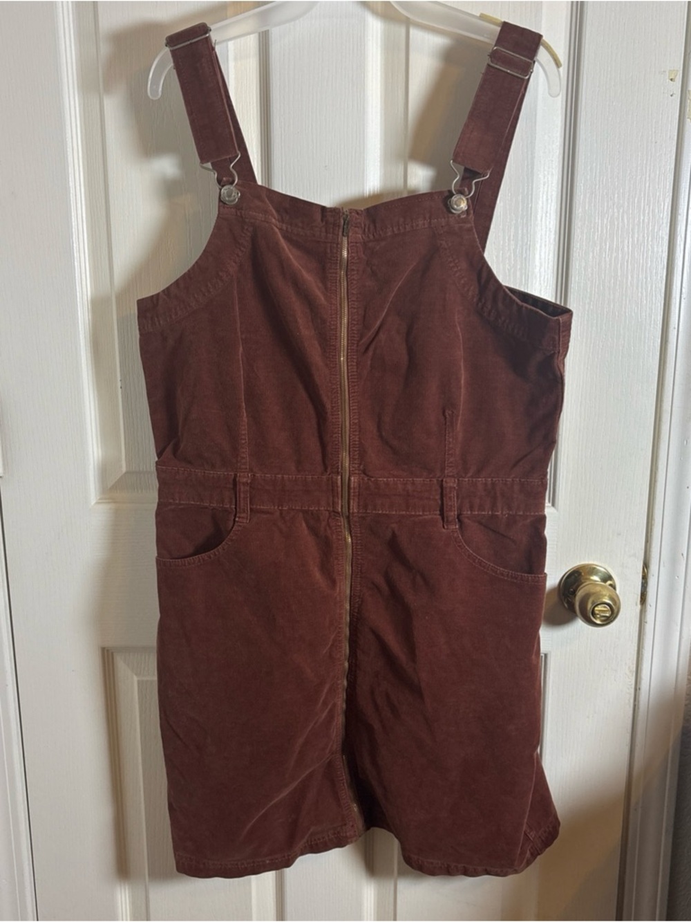 American Eagle Overall Corduroy Dress Brown Zip Front Stretch Pockets Sz 16